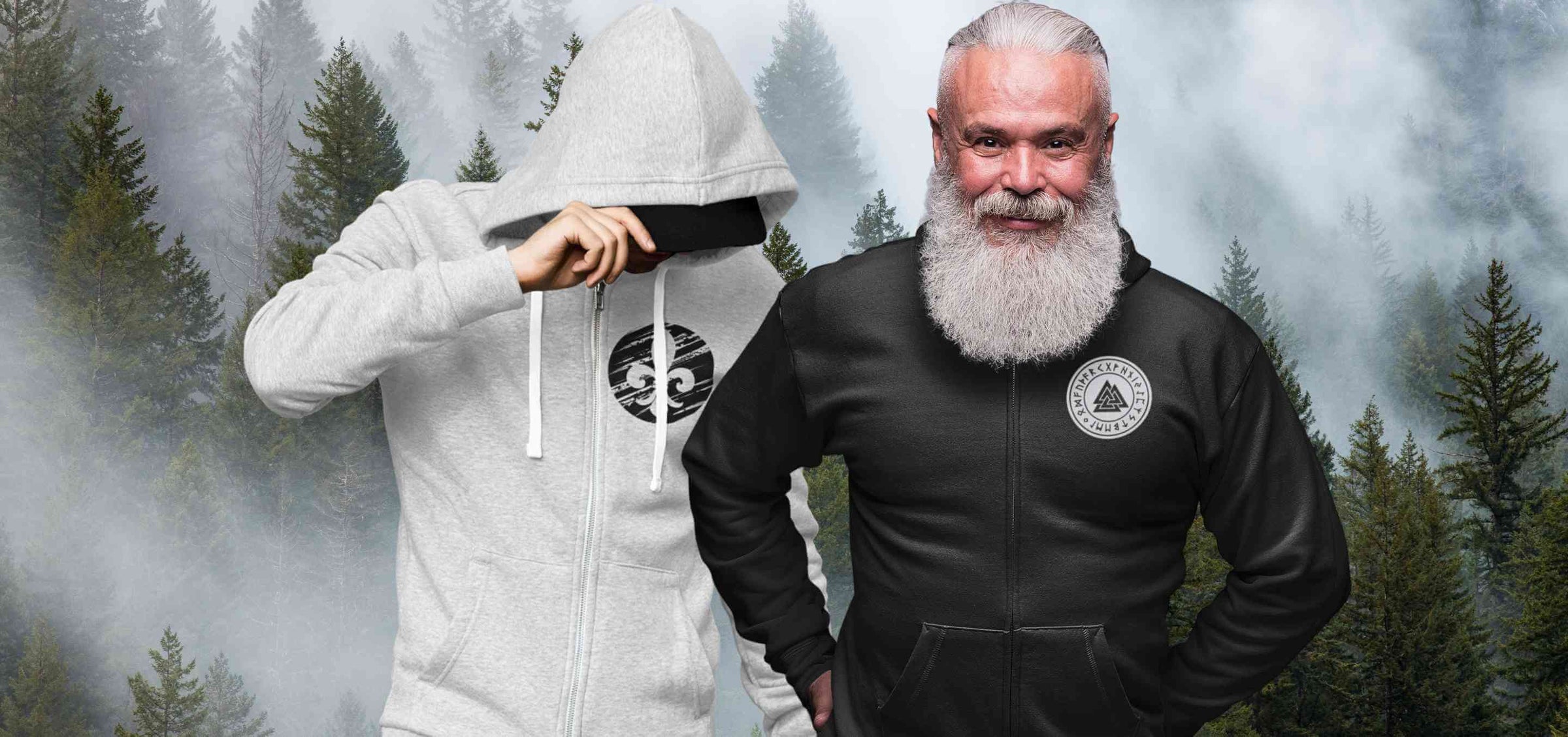 Zwei Zip Hoodies im mystischen Design vor einer nebligen Waldkulisse – einer in Schwarz mit Wikinger-Symbol, einer in Grau mit nordischem Motiv. Perfekt für Herren und Damen