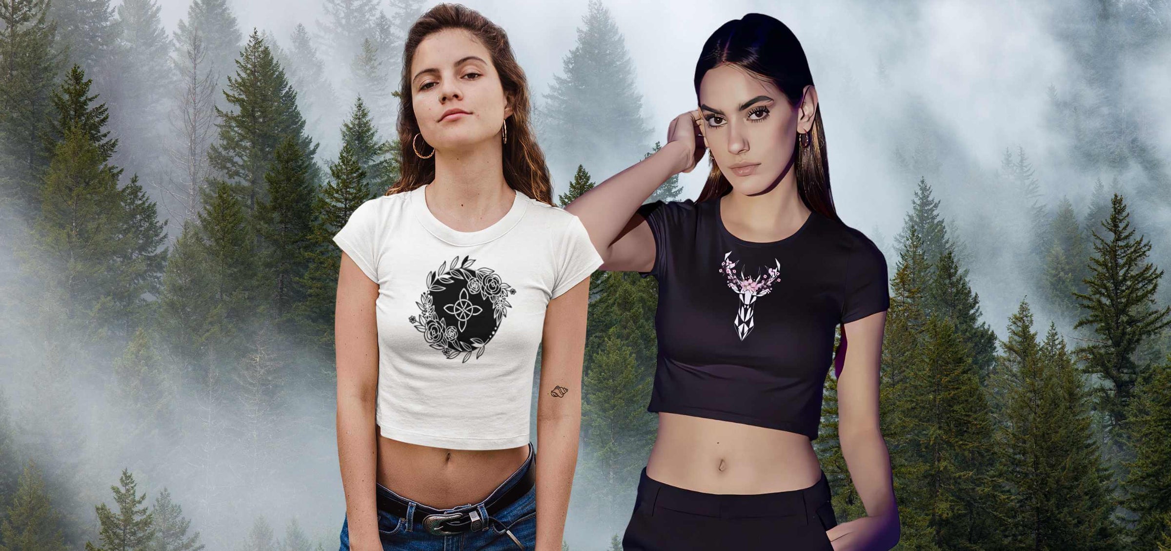 Auswahl von Damen Tops aus der Runental Kollektion, mit Designs inspiriert von Mythologie und Fantasy.