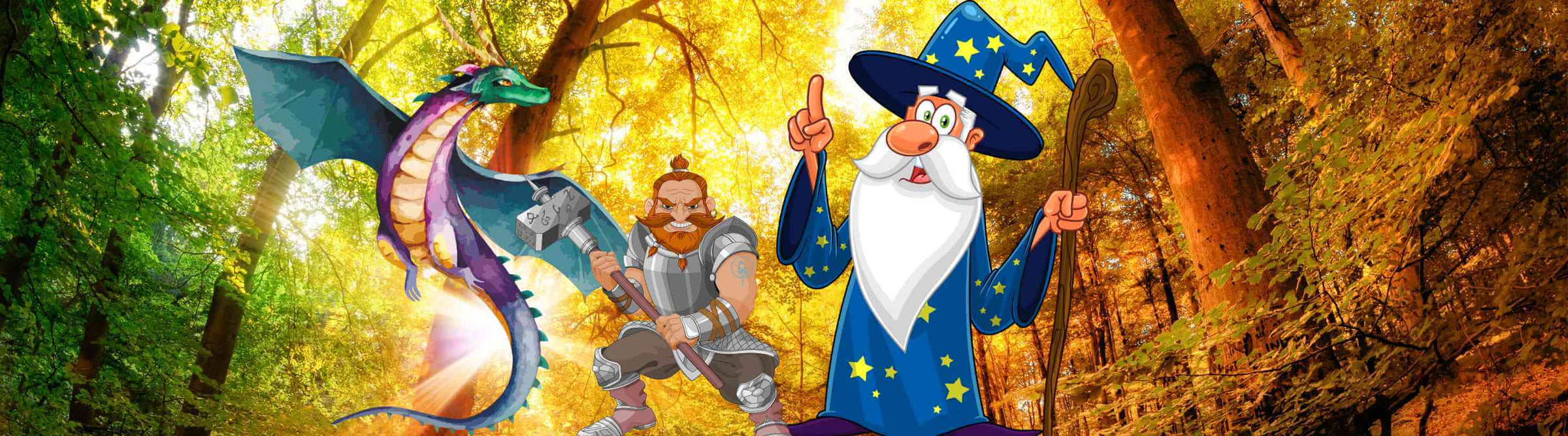 RPG Fantasy Bild mit Drache, Kämpfer und Zauberer im Comic Style.