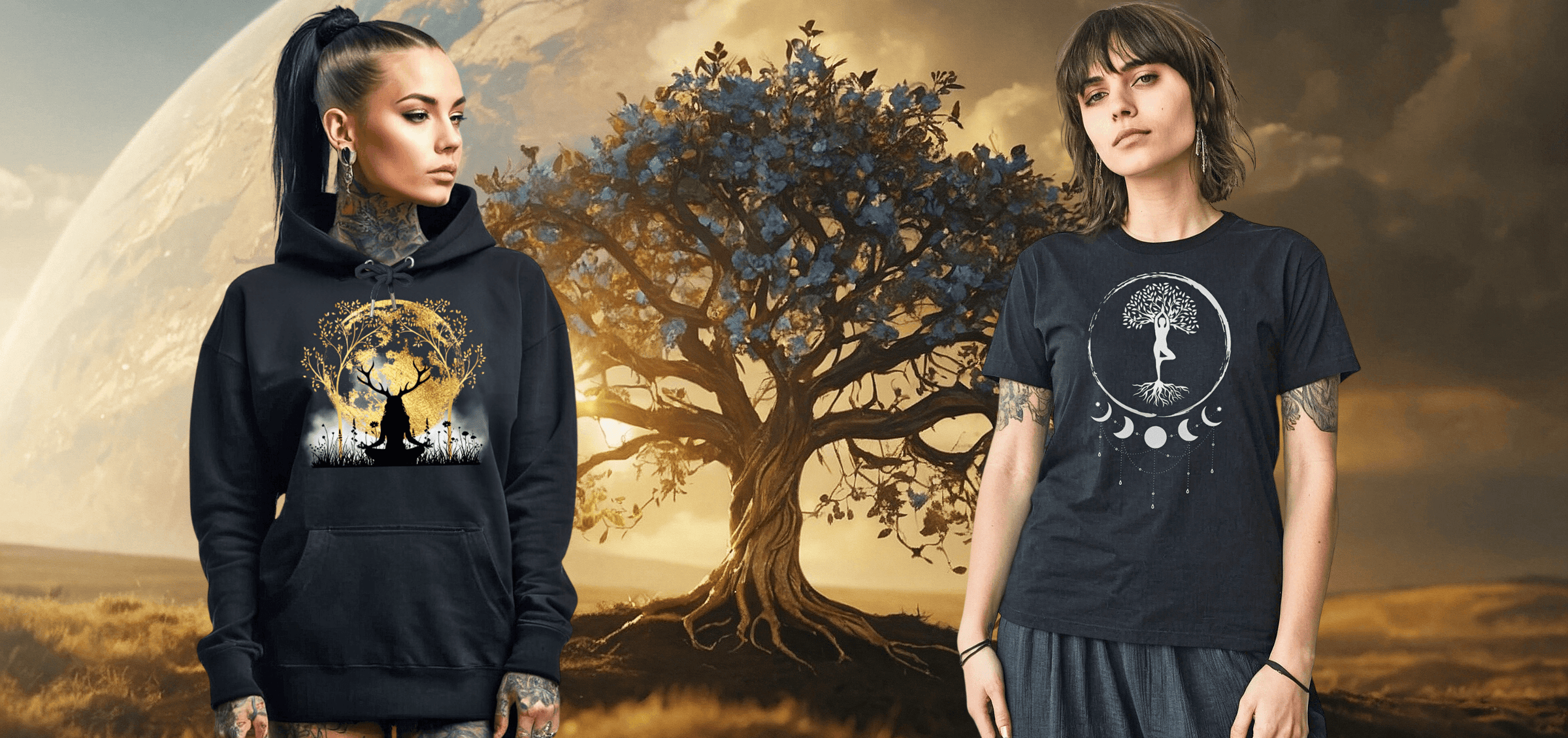 Zwei Frauen tragen Kleidungsstücke mit mystischen Motiven: links ein schwarzer Hoodie mit goldenem Hirsch- und Baumdesign im Mondschein, rechts ein schwarzes T-Shirt mit Baum, Mondphasen und spirituellem Symbol, mit dem Schriftzug 'Moonchild Collection'.