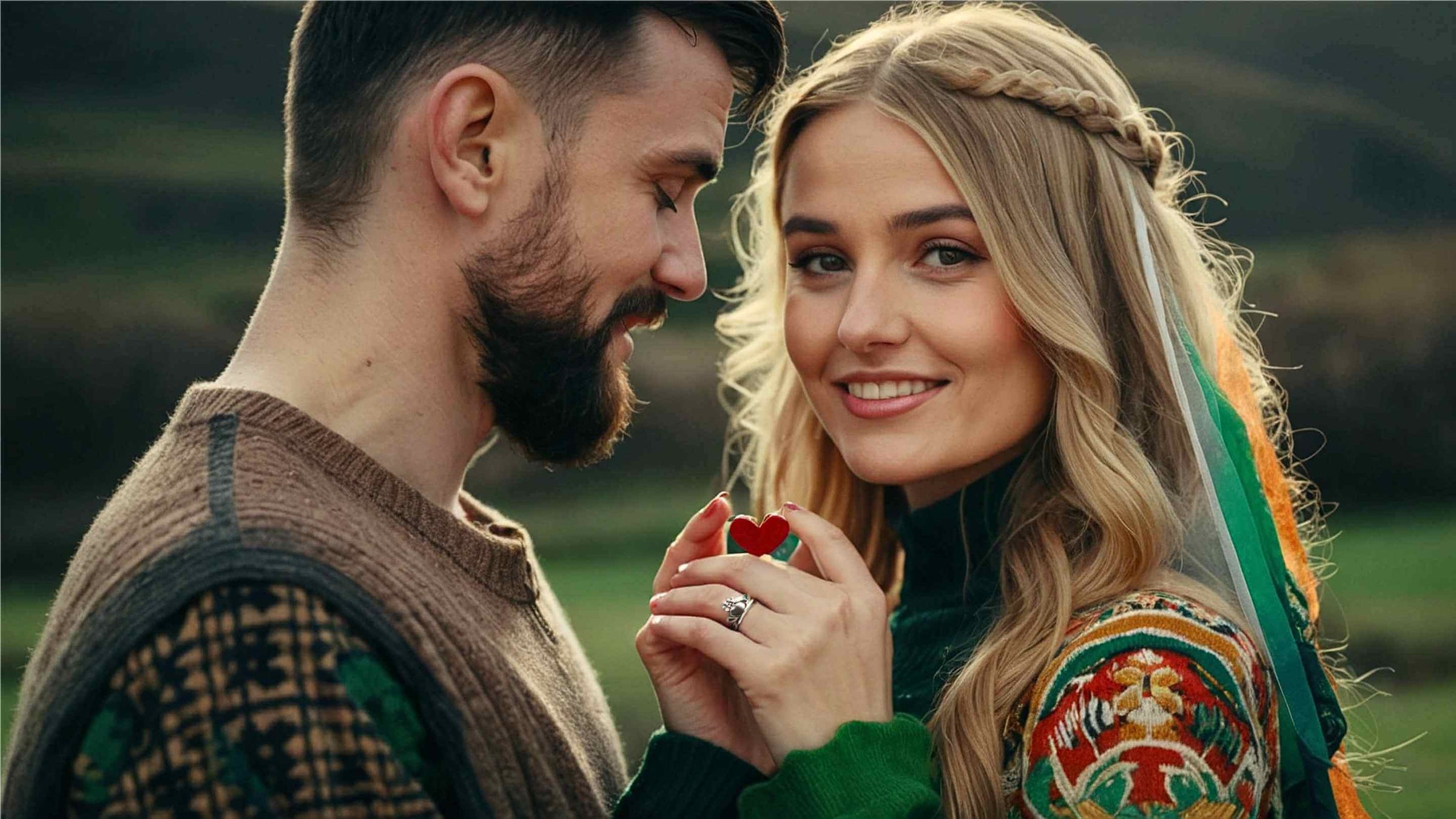 Verliebtes Paar in traditioneller irischer Landschaft, sie trägt einen Claddagh Ring, Symbol für Liebe und Verbundenheit – perfekt für die Valentinstag-Kollektion bei Runental.de