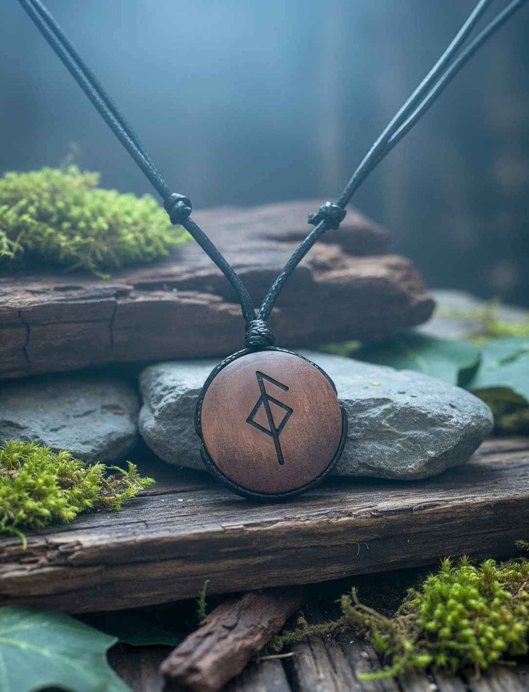 Binderune für Gesundheit, Holz-Amulett auf Holzstück mit Rauch, nordische Atmosphäre