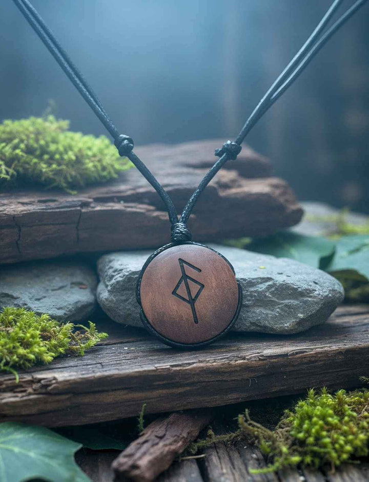 Binderune für Gesundheit, Holz-Amulett auf Holzstück mit Rauch, nordische Atmosphäre