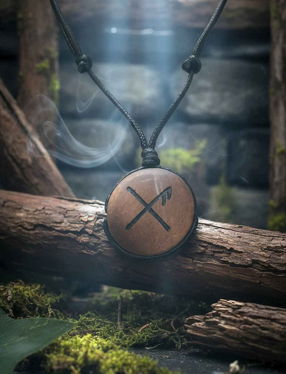 Binderune für Glück, Amulett aus Holz, fotografiert zwischen Steinen und Moos