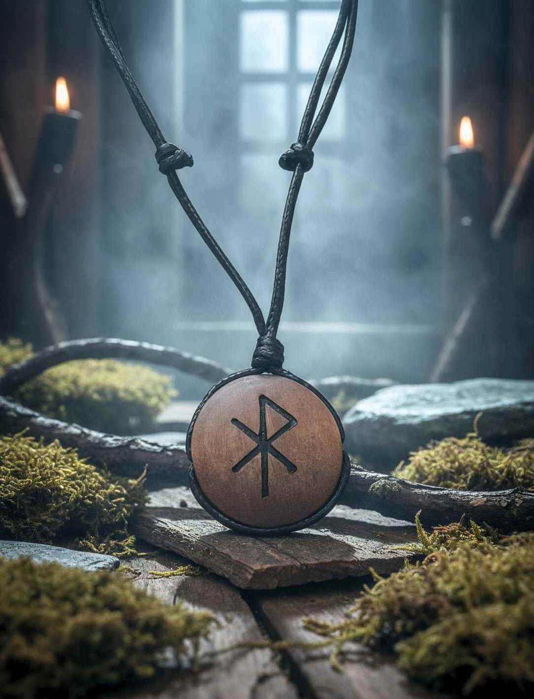 Binderune für Liebe, rundes Amulett mit Rune, inszeniert mit Moos und Ästen