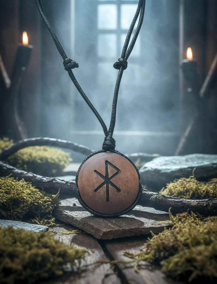 Binderune für Liebe, rundes Amulett mit Rune, inszeniert mit Moos und Ästen