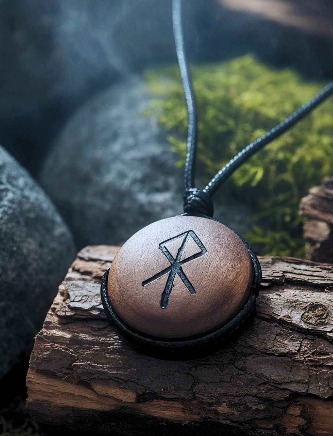 Binderune für Mut, Holzanhänger auf Baumrinde mit Steinen im Hintergrund, mystische Szenerie