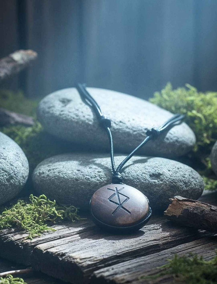 Binderune für Schutz, Holzanhänger mit Rune, dekoriert auf Holz, Stein und Moos