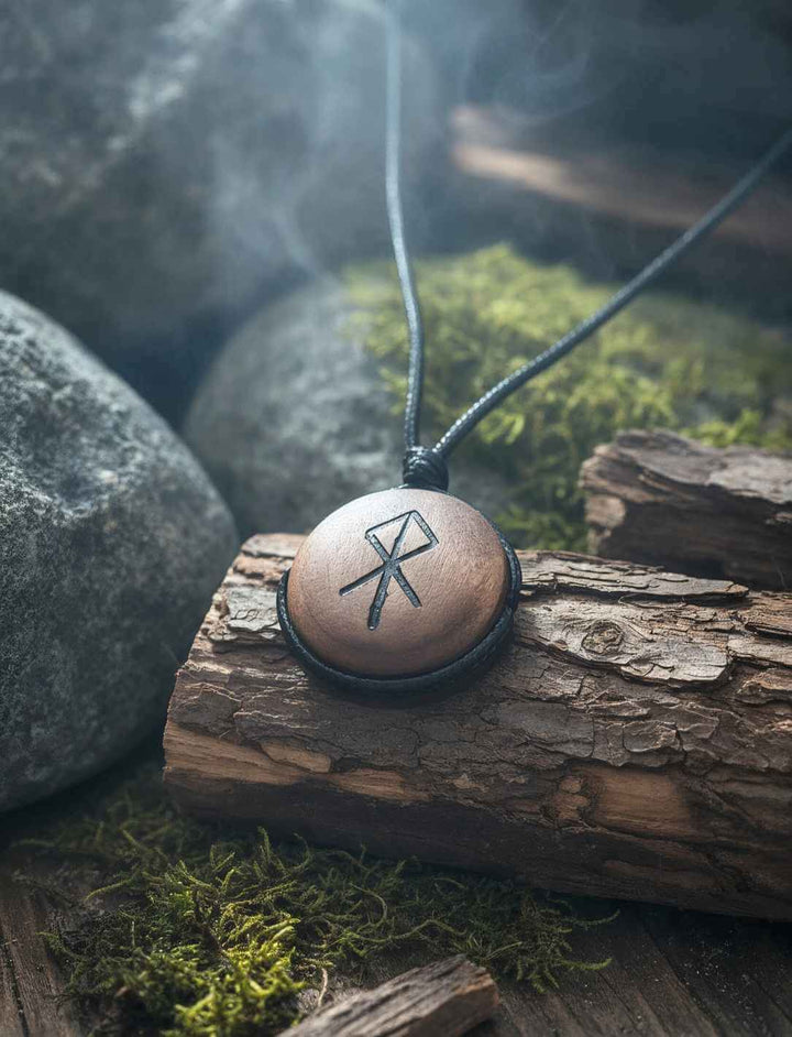 Binderune für Schutz, rundes Holz-Amulett, inszeniert zwischen Steinen und Moos
