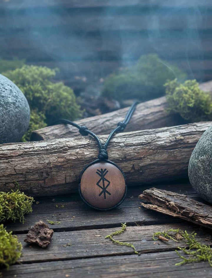 Binderune für Wohlstand, Amulett aus Holz, fotografiert zwischen Steinen und Moos