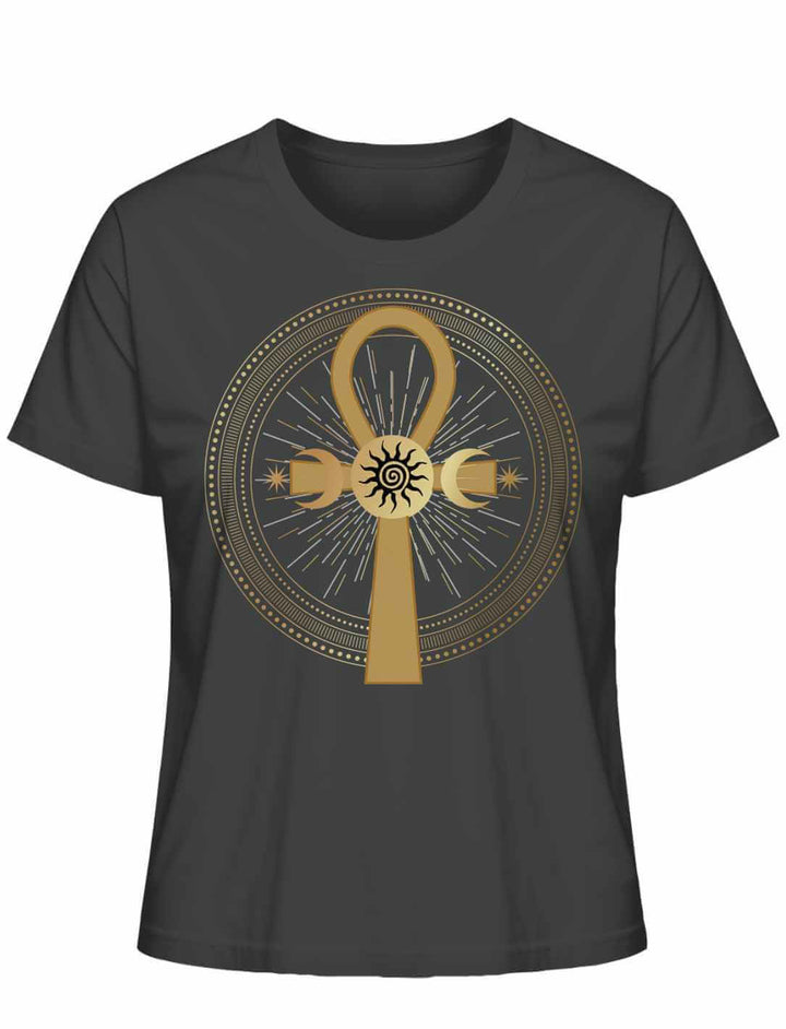 Anthrazitfarbenes Bio T-Shirt mit ägyptischem Ankh Design für Damen | Runental