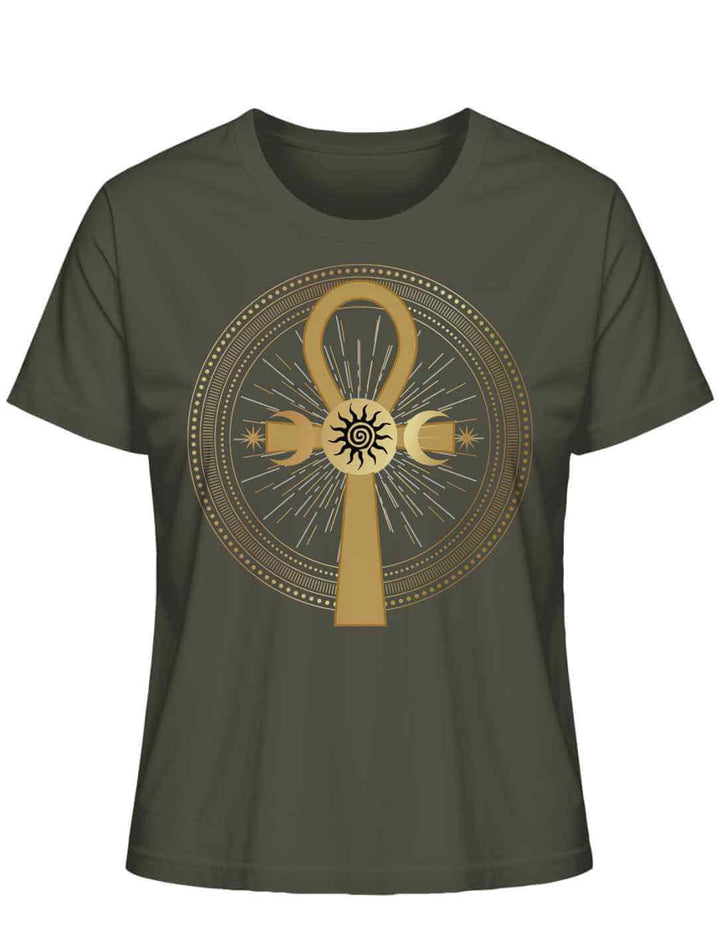 Khaki Damen T-Shirt mit mystischem Ankh Symbol in Gold | Runental