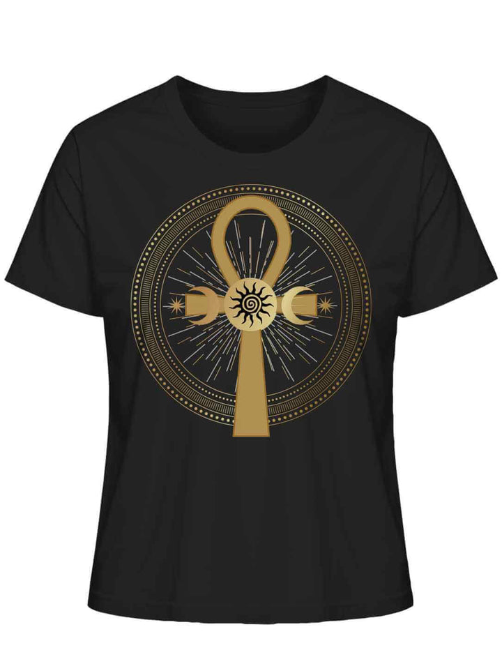 Schwarzes Damen T-Shirt mit goldenem Ankh Symbol und Triple Moon | Runental