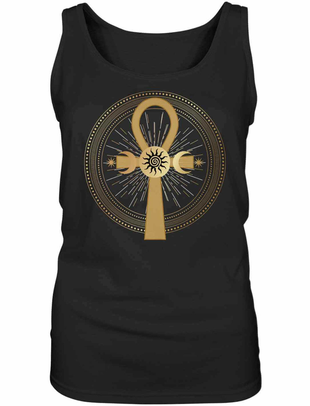 Ankh des ewigen Lichts“ Damen Tank Top – Farbe Schwarz, mit Sonnen- & Mondsymbol