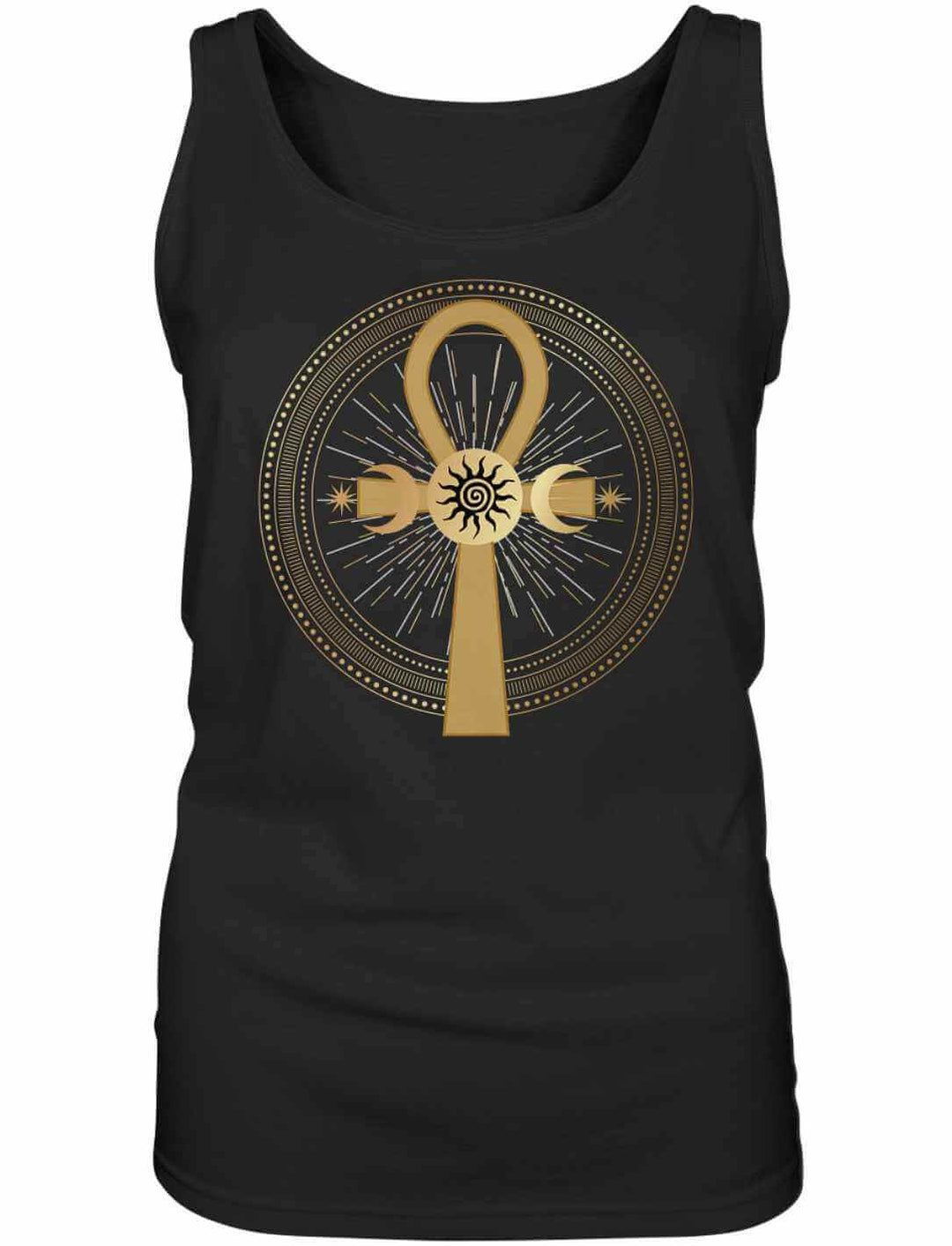 Ankh des ewigen Lichts“ Damen Tank Top – Farbe Schwarz, mit Sonnen- & Mondsymbol