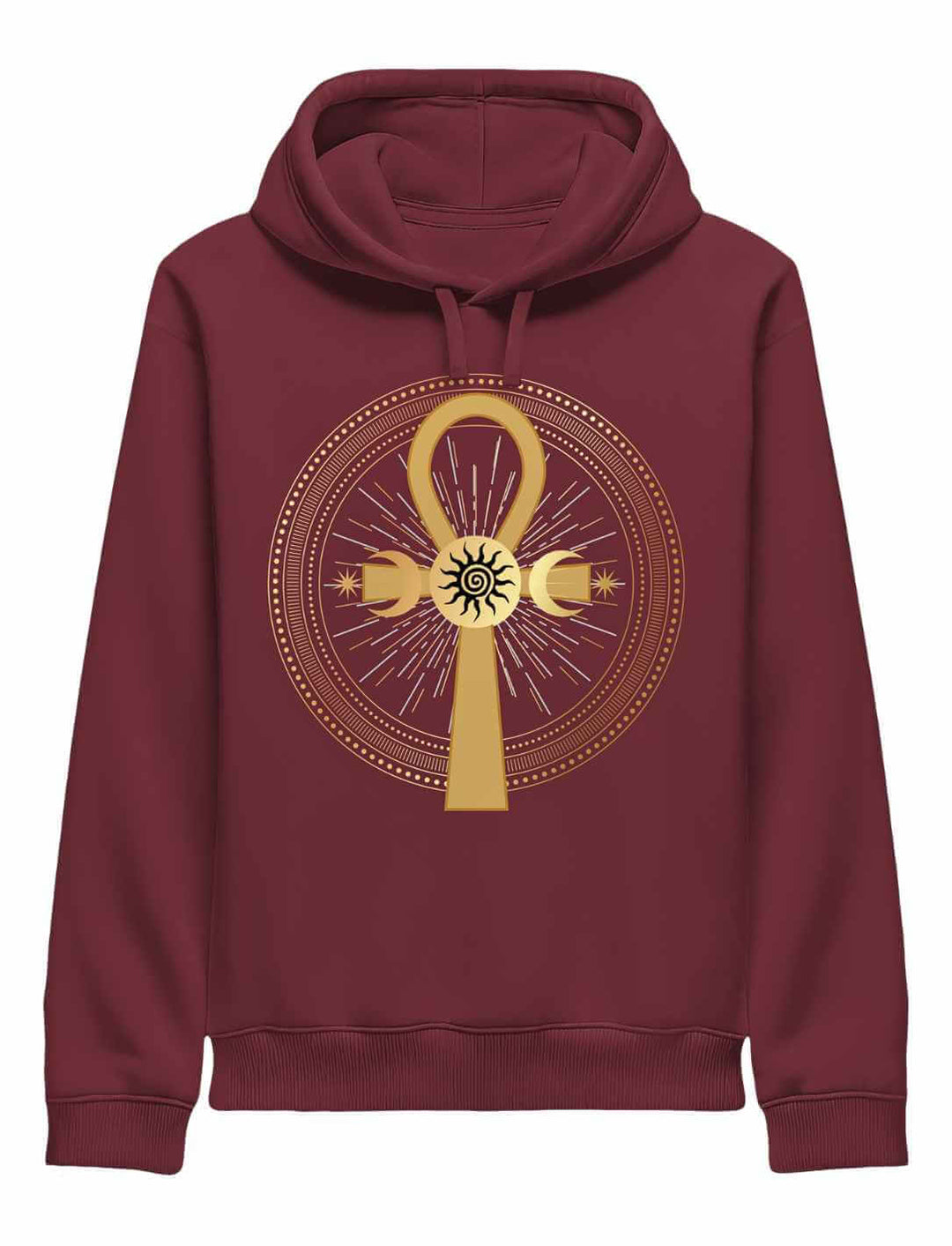 Burgundyfarbener Unisex Hoodie mit goldenem Ankh-Symbol und feinen kosmischen Elementen. Dezent spirituelles Design im Zentrum.
