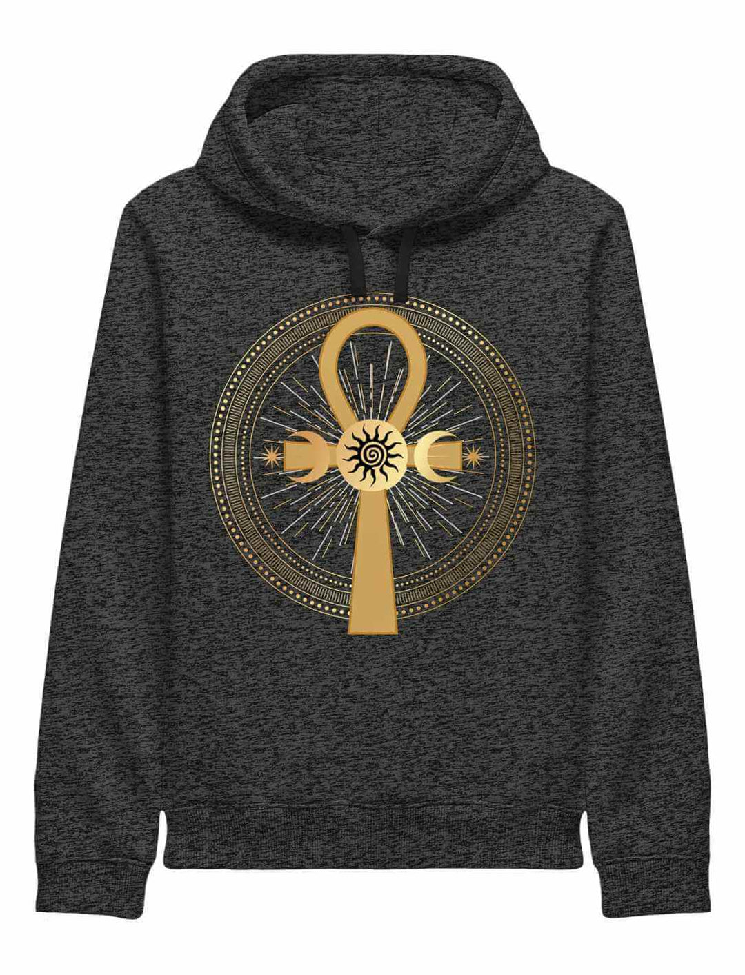 Schwarz-grau Melierter Hoodie mit goldenem Ankh-Symbol im Zentrum, umgeben von Mondphasen und Strahlenkreis. Mystisches Design für Alltag & Ritual.