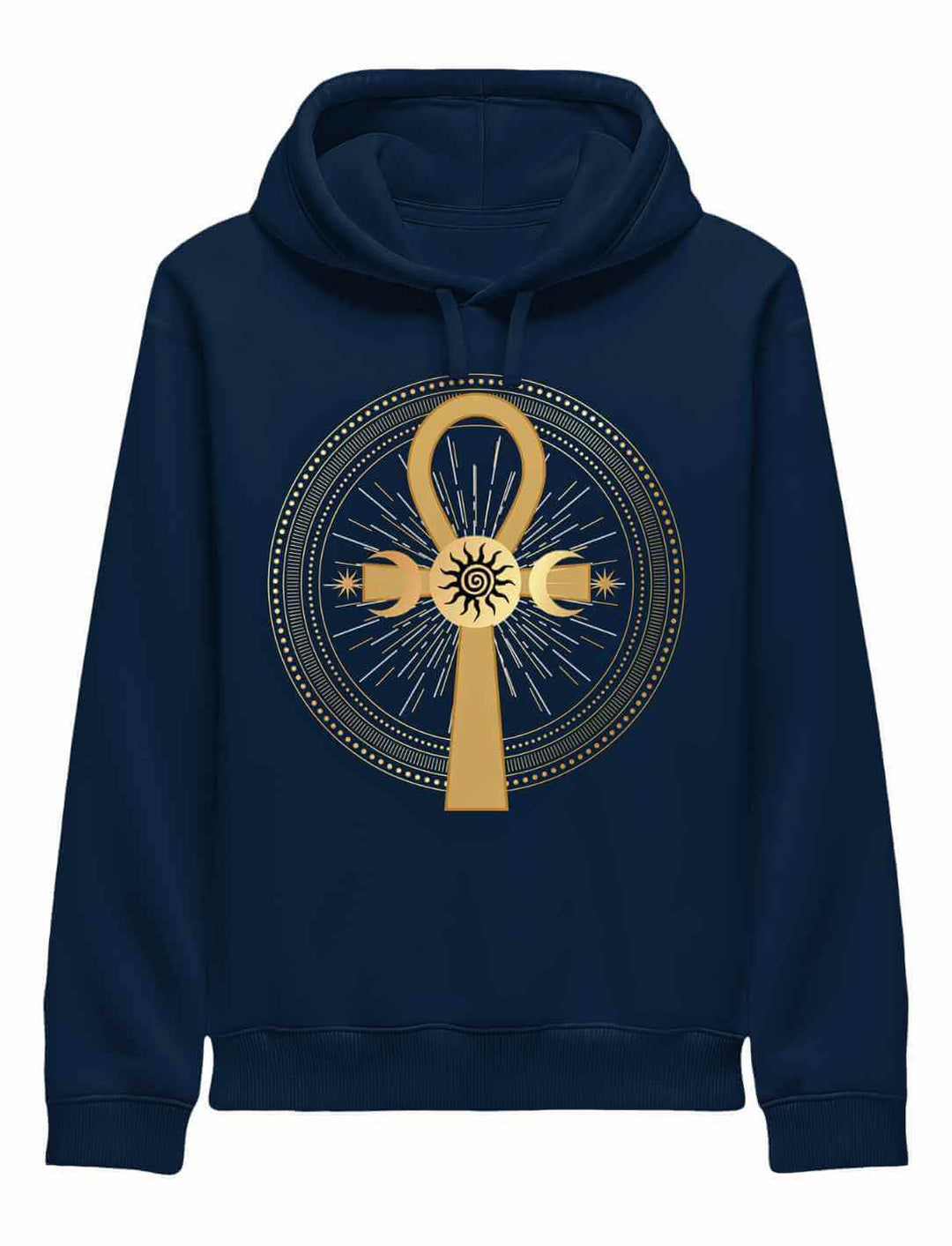 Dunkelblauer Hoodie mit detailreichem Ankh-Motiv, strahlender Kreis und Mondsymbole – inspiriert von ägyptischer und spiritueller Symbolik.