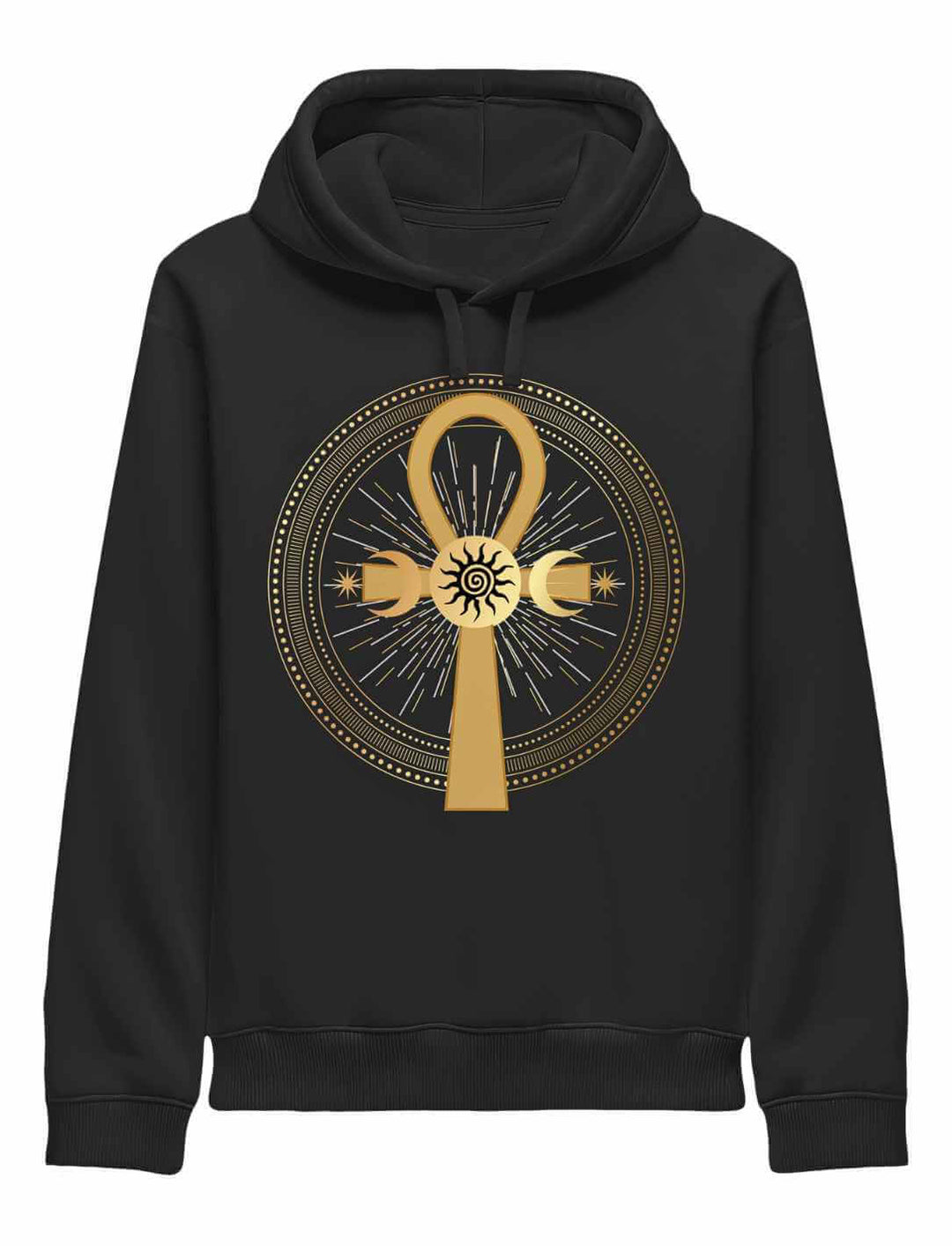 Schwarzer Unisex Hoodie mit goldglänzendem Ankh, umgeben von Sonnenstrahlen und Mondsymbolen. Vorderansicht auf hellem Hintergrund.
