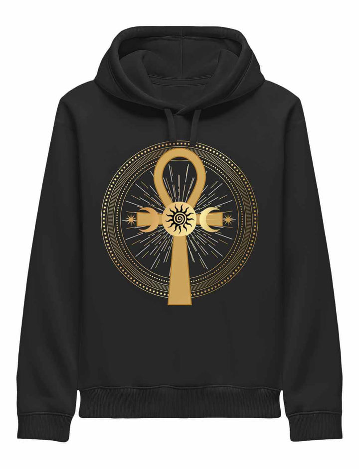 Schwarzer Unisex Hoodie mit goldglänzendem Ankh, umgeben von Sonnenstrahlen und Mondsymbolen. Vorderansicht auf hellem Hintergrund.