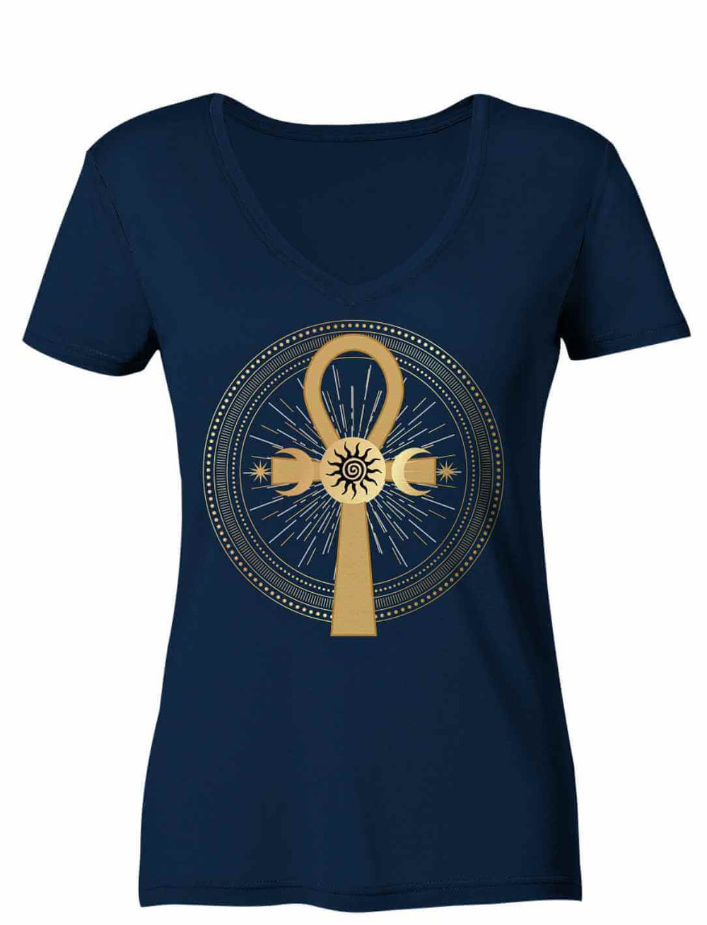 Damen V-Neck Shirt "Ankh des ewigen Lichts" in Navy – spirituelles Design mit goldfarbenem Ankh und Himmelszeichen