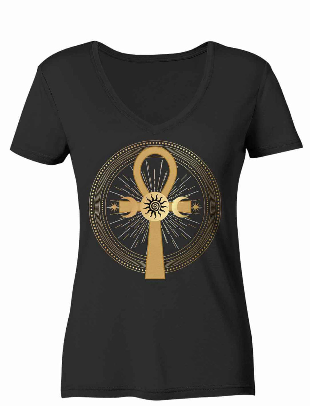Damen V-Neck Shirt "Ankh des ewigen Lichts" in Schwarz – mystisches Ankh mit Sonnen- und Mondsymbolik