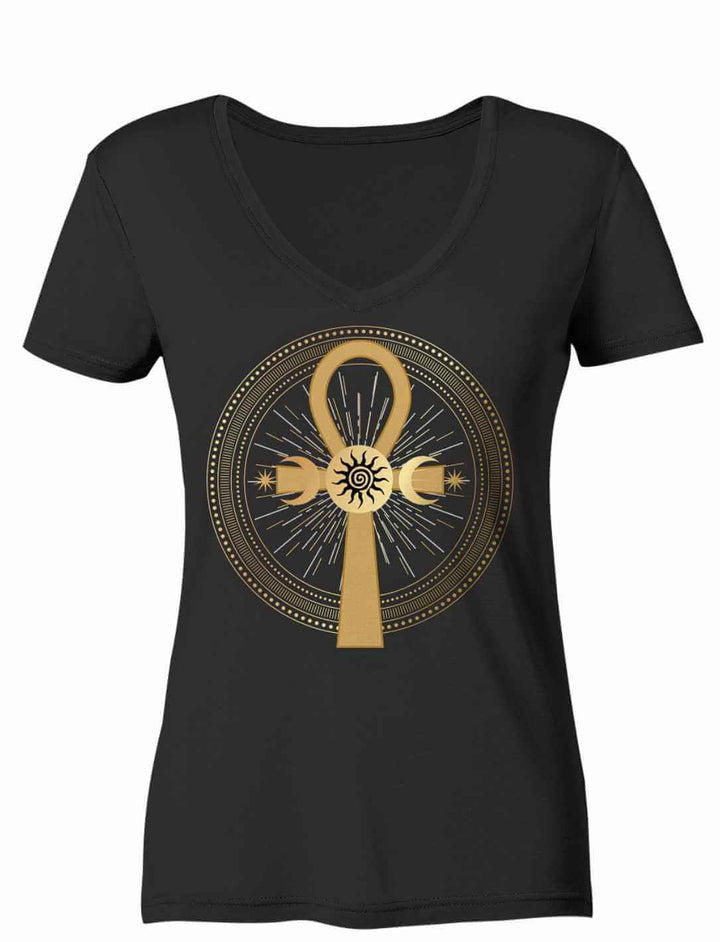 Damen V-Neck Shirt "Ankh des ewigen Lichts" in Schwarz – mystisches Ankh mit Sonnen- und Mondsymbolik
