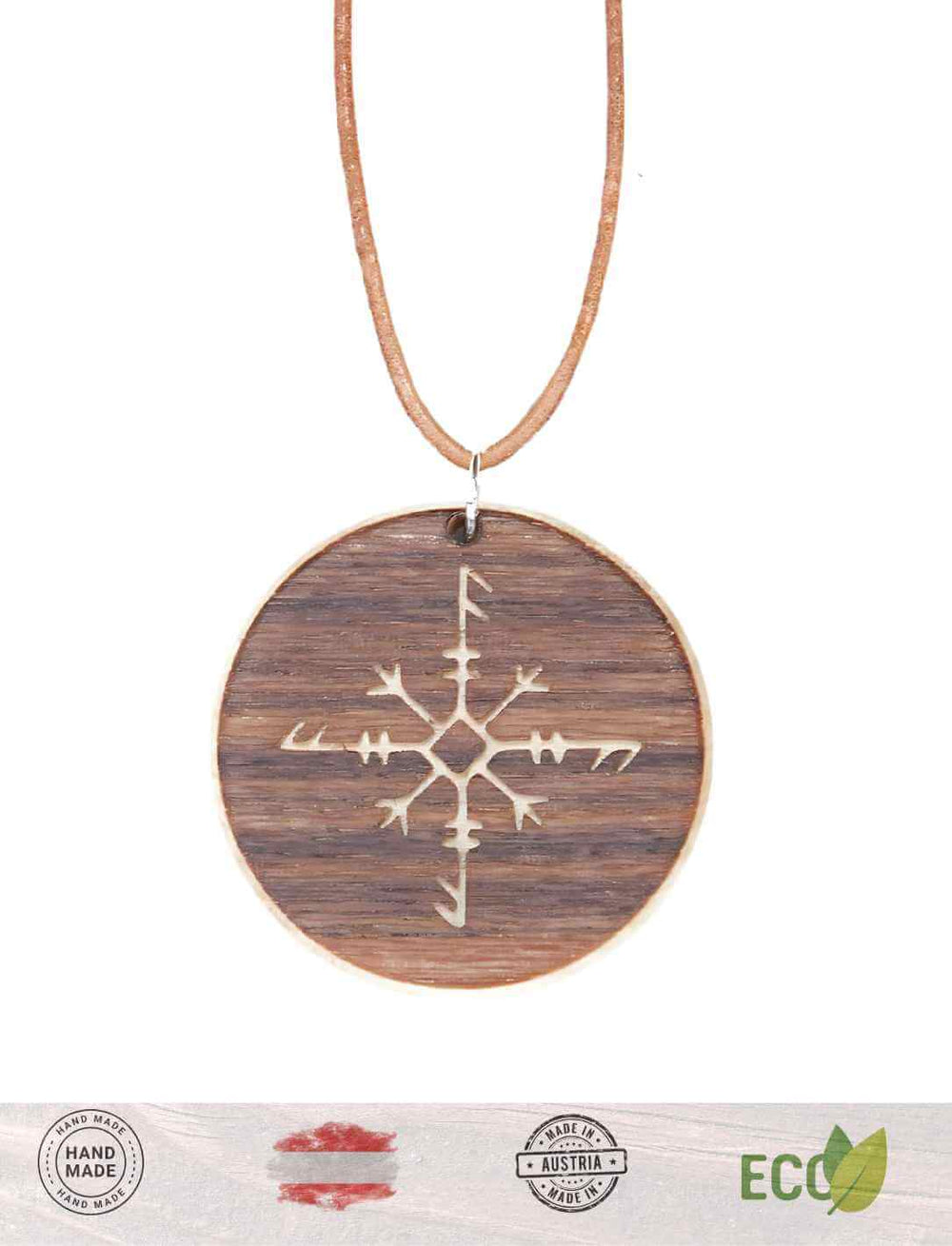Handgefertigte Holz-Kette mit Ansenhelm Symbol, gefertigt aus Ahornholz, präsentiert auf weißem Hintergrund mit Nachhaltigkeitssiegeln.