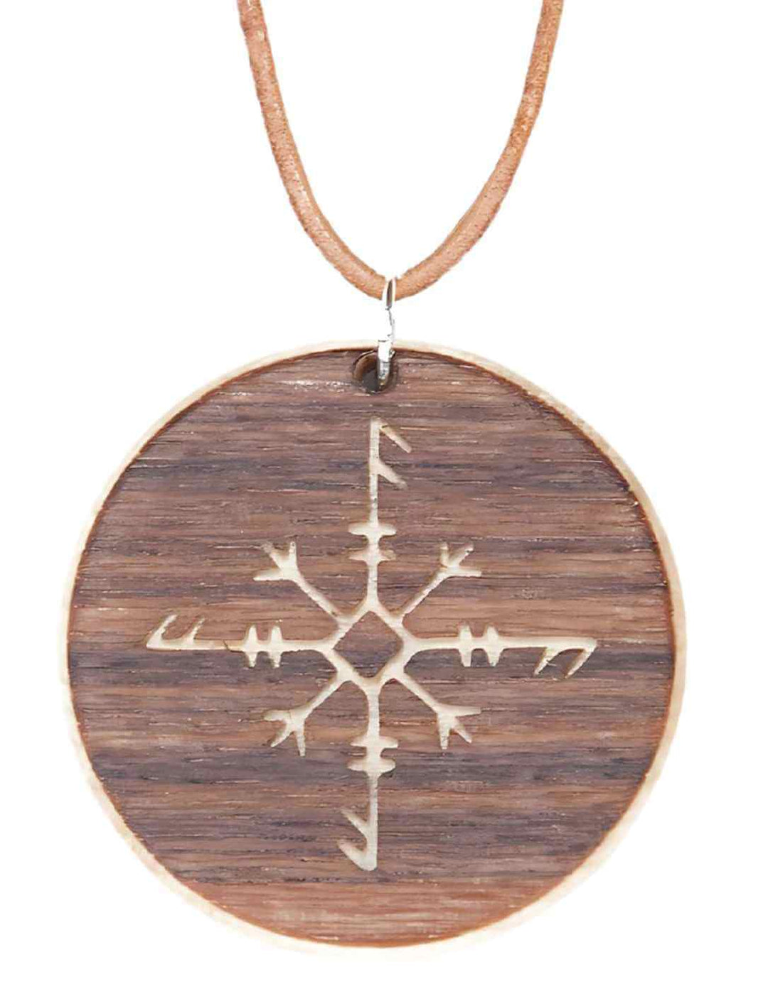 Handgefertigte Holz-Kette mit Ansenhelm Symbol , gefertigt aus Ahornholz, präsentiert auf weißem Hintergrund.