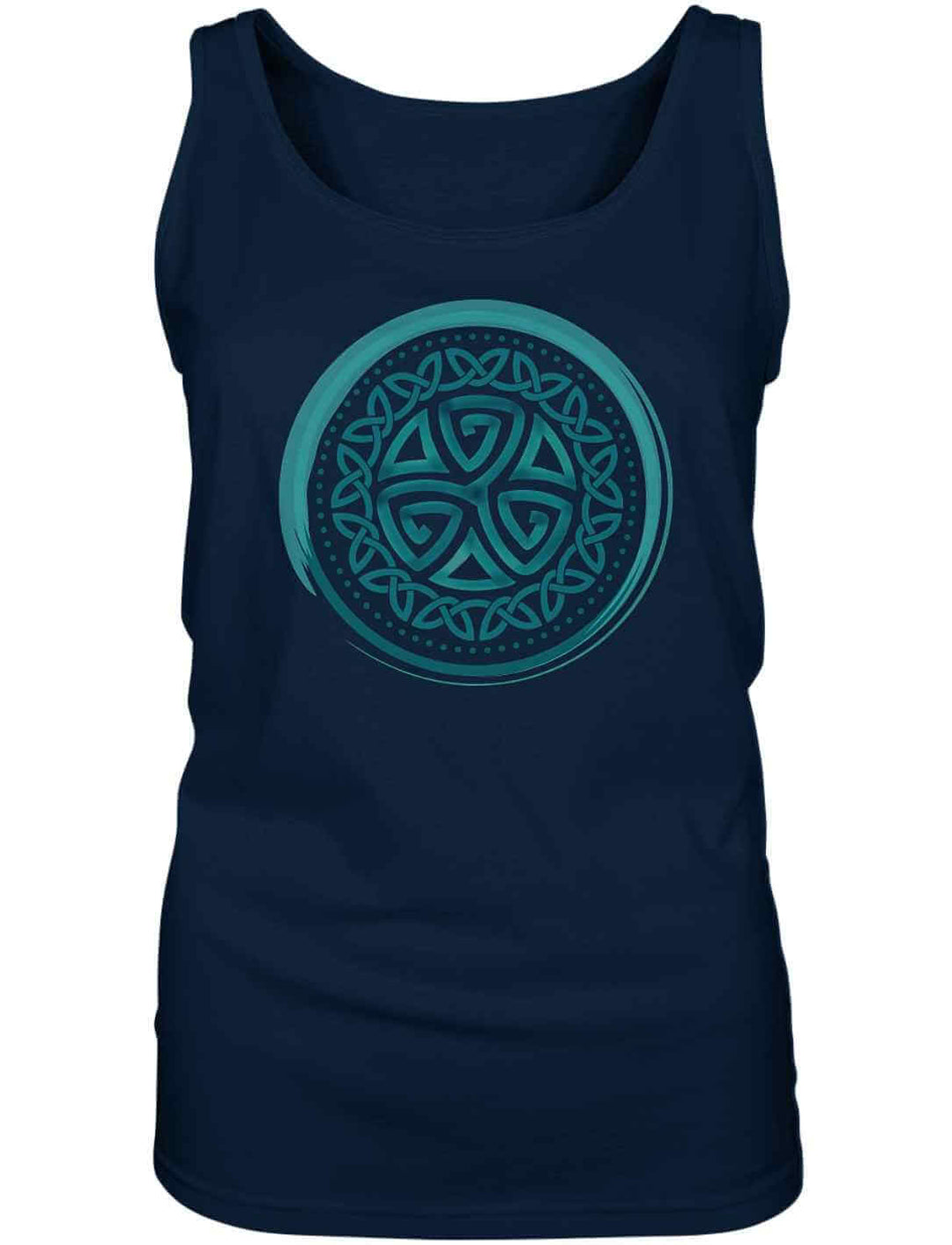 Aqua Triskele Knoten Damen Tanktop in Navy auf weißem Hintergrund – Keltisches Triskele-Symbol, ideal für Liebhaber von Mythen und Legenden.