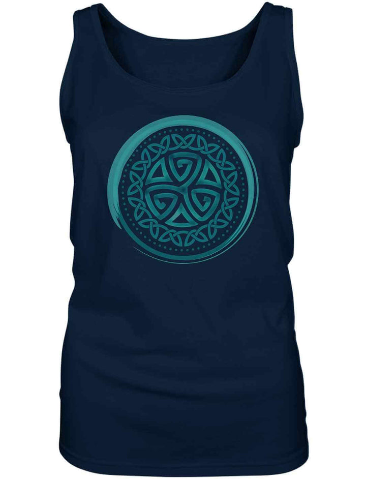 Aqua Triskele Knoten Damen Tanktop in Navy auf weißem Hintergrund – Keltisches Triskele-Symbol, ideal für Liebhaber von Mythen und Legenden.