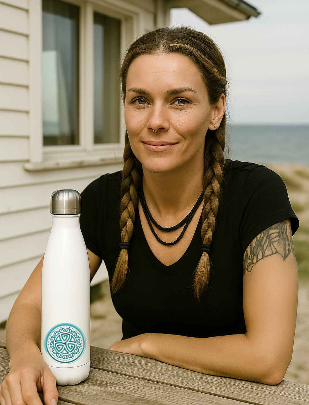 Frau mit zwei Zöpfen sitzt an einem Holztisch am Meer und hält die weiße Edelstahl-Thermosflasche „Aqua Triskele“ von Runental mit silbernem Deckel.