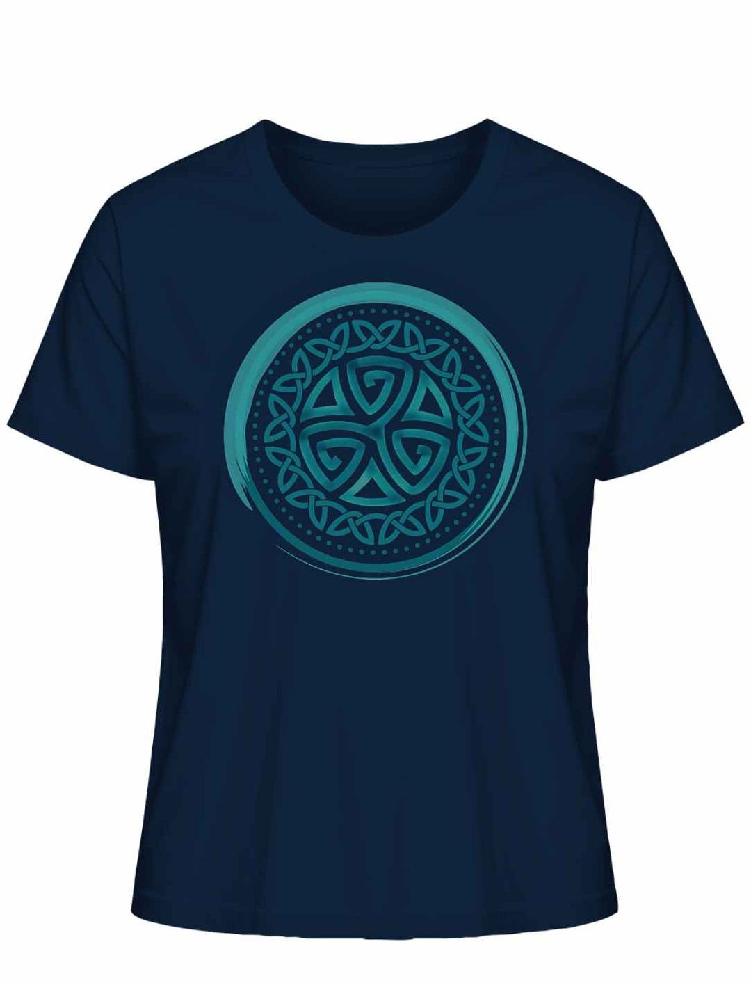 Aqua Triskele der Elemente Damen T-Shirt in French Navy – verziert mit magischer Triskele in türkisblauer Farbe