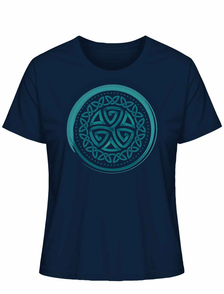 Aqua Triskele der Elemente Damen T-Shirt in French Navy – verziert mit magischer Triskele in türkisblauer Farbe