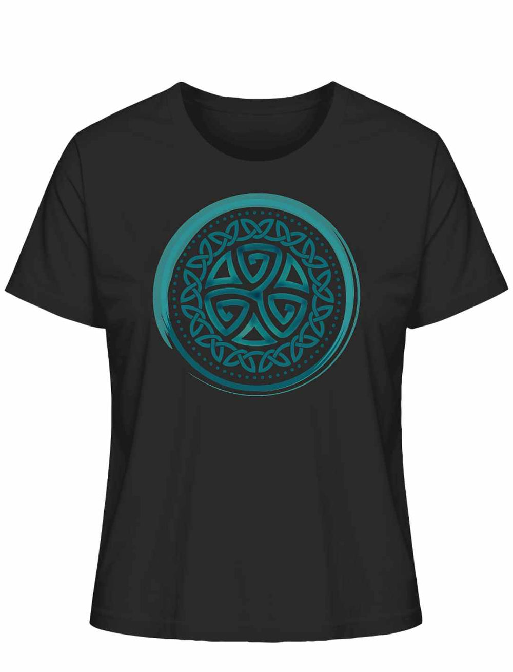 Aqua Triskele der Elemente Damen Shirt in Schwarz – keltisches Design mit türkisfarbener Spirale.