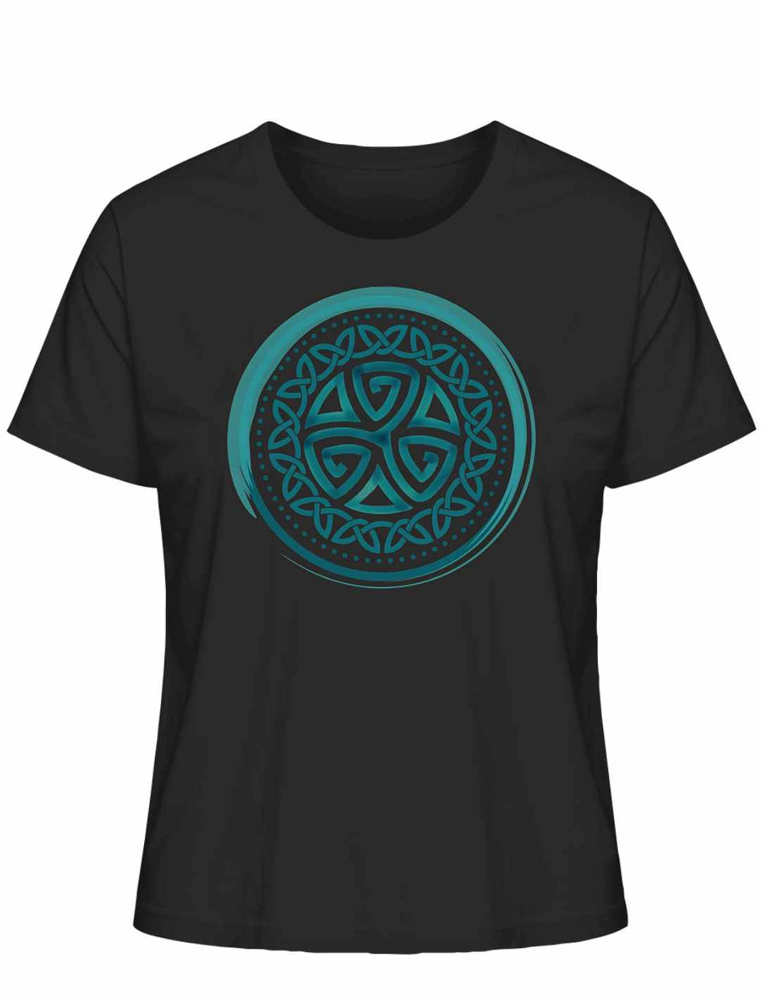 Aqua Triskele der Elemente Damen Shirt in Schwarz – keltisches Design mit türkisfarbener Spirale.