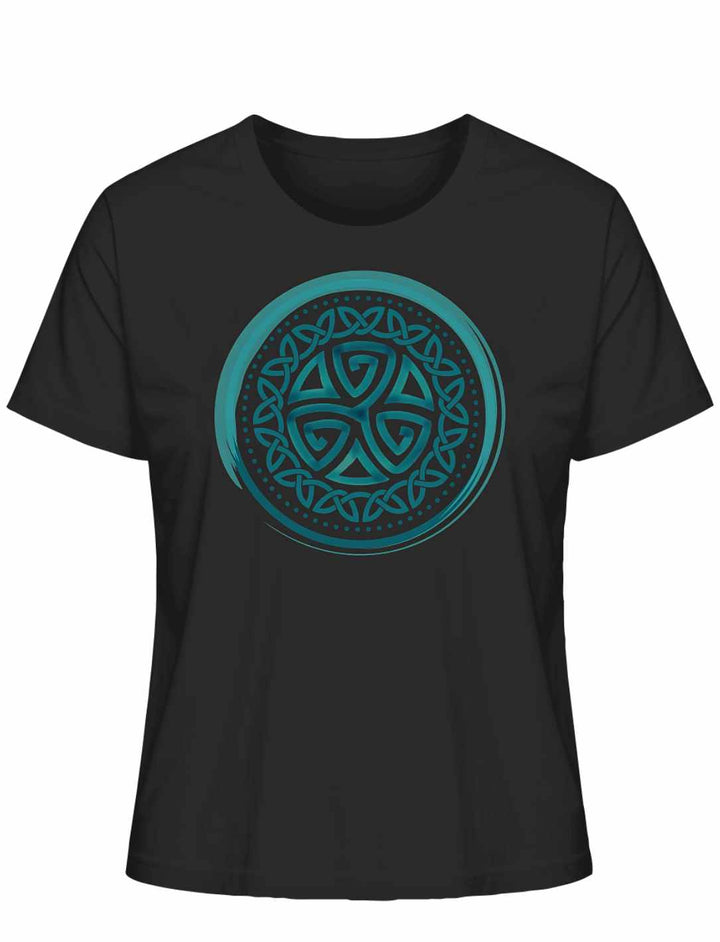 Aqua Triskele der Elemente Damen Shirt in Schwarz – keltisches Design mit türkisfarbener Spirale.
