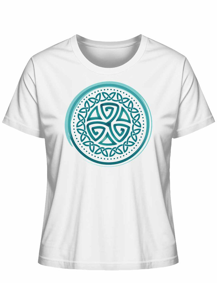 Aqua Triskele der Elemente Damen Organic Shirt in Weiß – mit keltischem Symbol in Meeresgrün-Türkis.