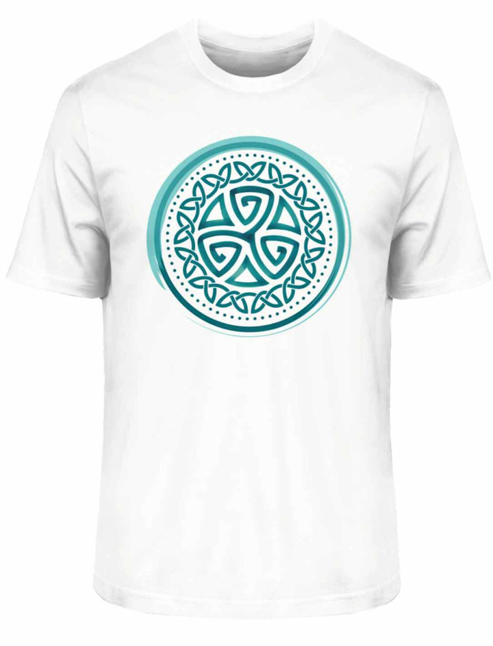 Weißes Aqua Triskele Knoten Shirt, inspiriert vom Meer, auf weißem Hintergrund