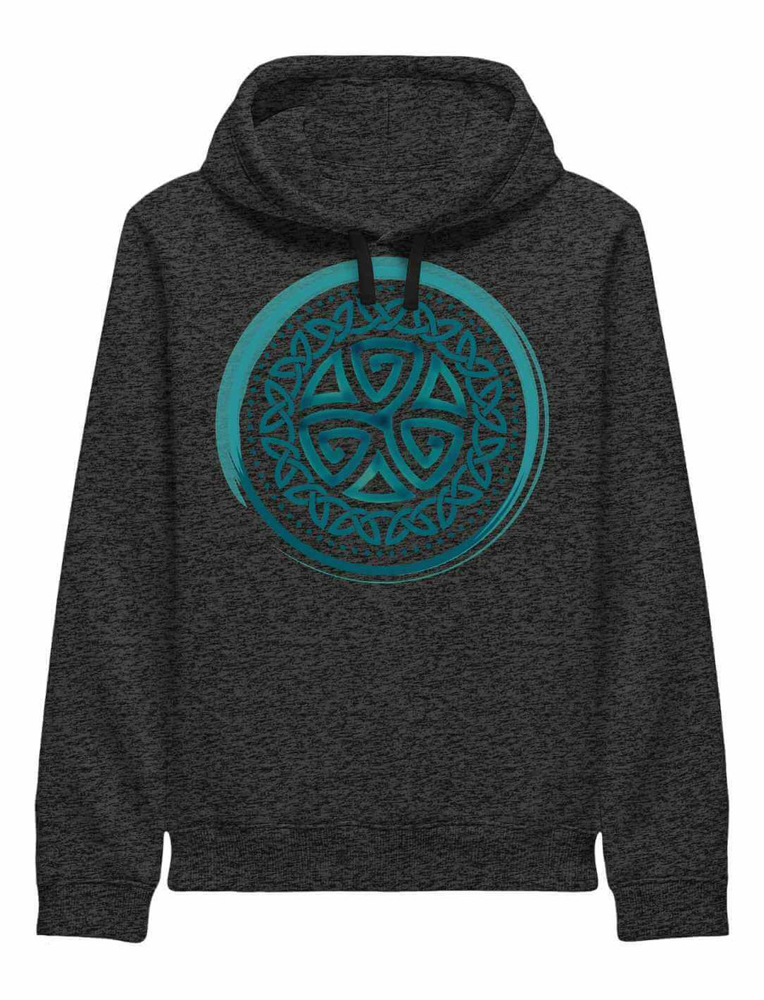 Dunkel melierter Hoodie mit türkisfarbenem Aqua Triskele – Symbol für Wandel & Balance