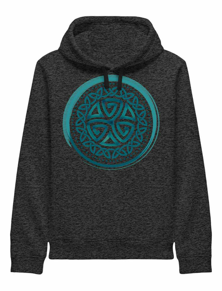 Dunkel melierter Hoodie mit türkisfarbenem Aqua Triskele – Symbol für Wandel & Balance