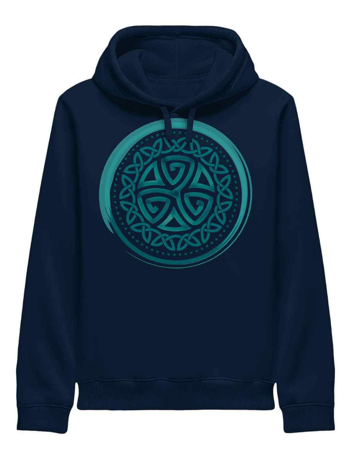 Dunkelblauer Hoodie mit mystischem Aqua Triskele Motiv – inspiriert von den Elementen