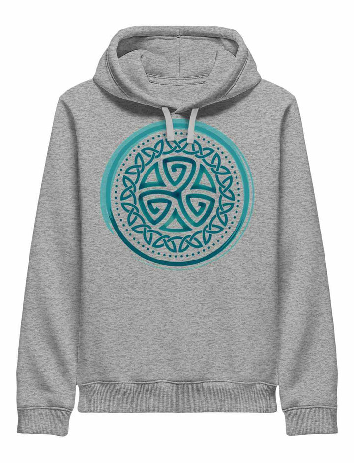 Graue melierter Aqua Triskele Hoodie – keltisches Knotenmuster & naturverbundener Look
