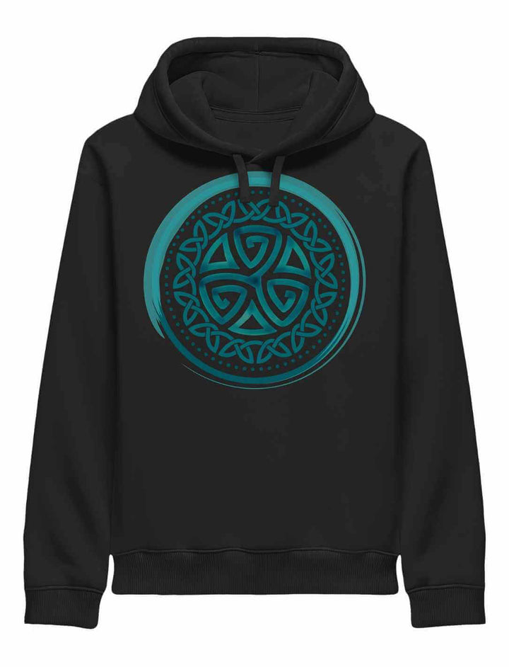 Aqua Triskele Hoodie in Schwarz – keltisches Symbol in Türkis auf der Brust