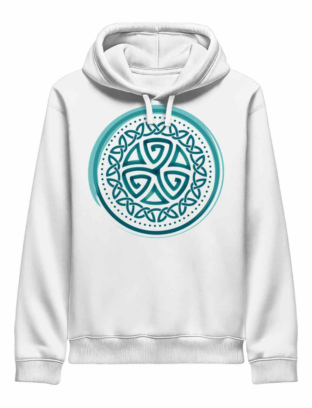 Weißer Bio-Hoodie mit Aqua Triskele Design – stilvoll & nachhaltig