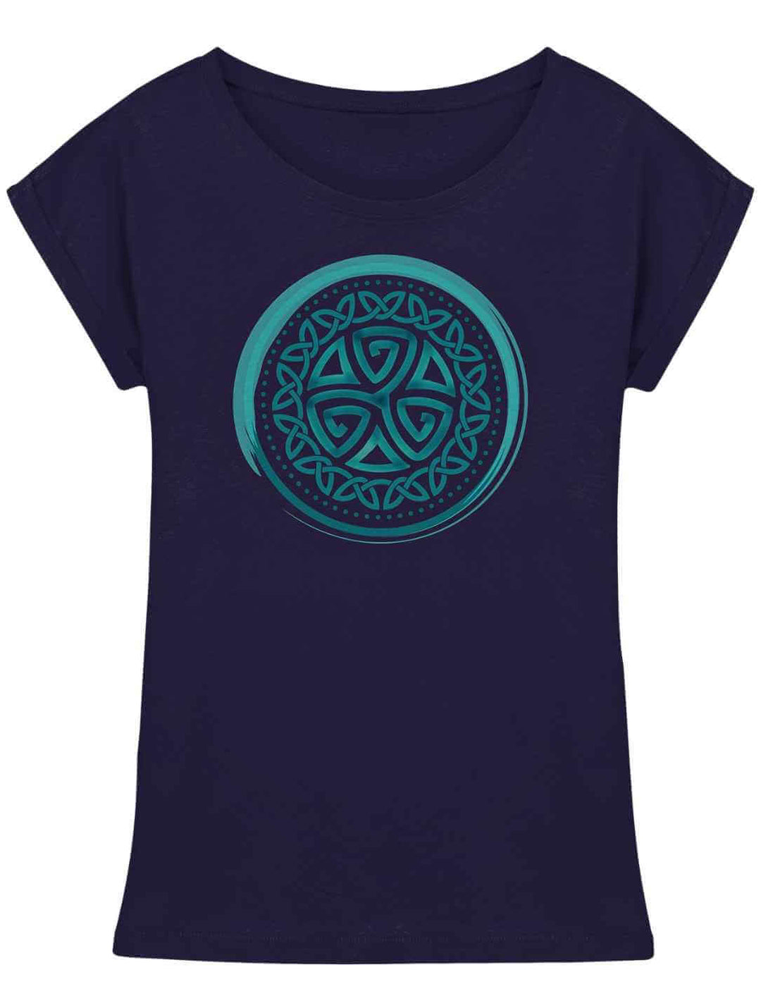 Navyfarbenes Damen Longfit Shirt mit türkisfarbener keltischer Triskele im Kreisdesign, freigestellt.
