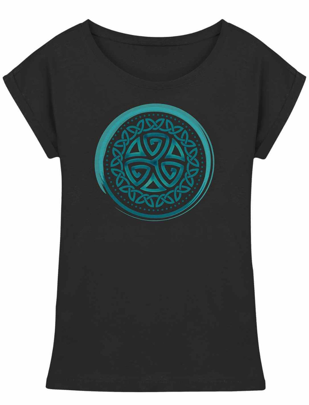 Schwarzes Damen Longfit Shirt mit türkisfarbener keltischer Triskele im Kreisdesign, freigestellt.