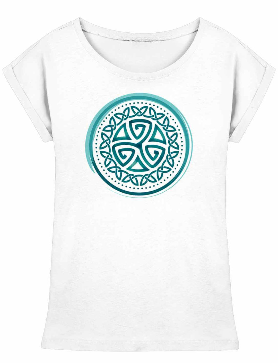 Weißes Damen Longfit Shirt mit türkisfarbener keltischer Triskele im Kreisdesign.
