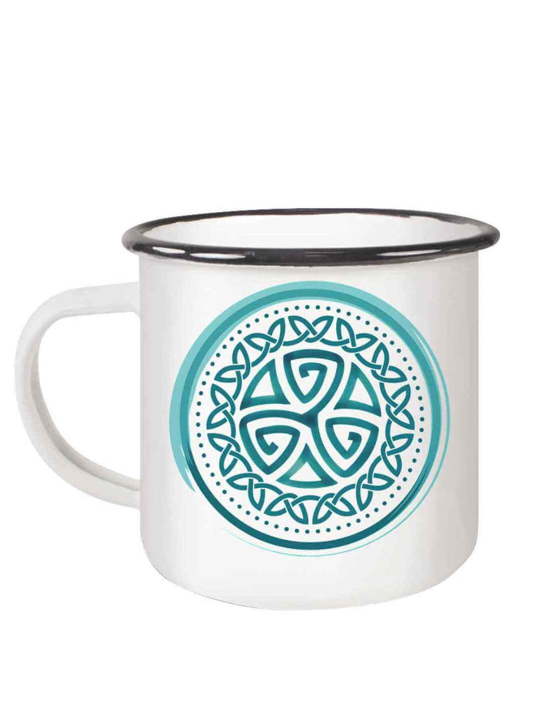 Weiße Emaille-Tasse „Aqua Triskele“ mit schwarzem Rand, Motiv in Türkis, Henkel links.