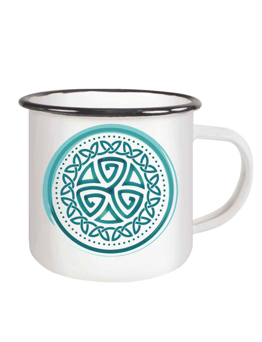 Weiße Emaille-Tasse „Aqua Triskele“ mit schwarzem Rand, Motiv in Türkis, Henkel rechts.
